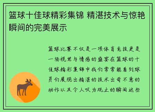 篮球十佳球精彩集锦 精湛技术与惊艳瞬间的完美展示