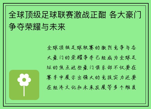 全球顶级足球联赛激战正酣 各大豪门争夺荣耀与未来